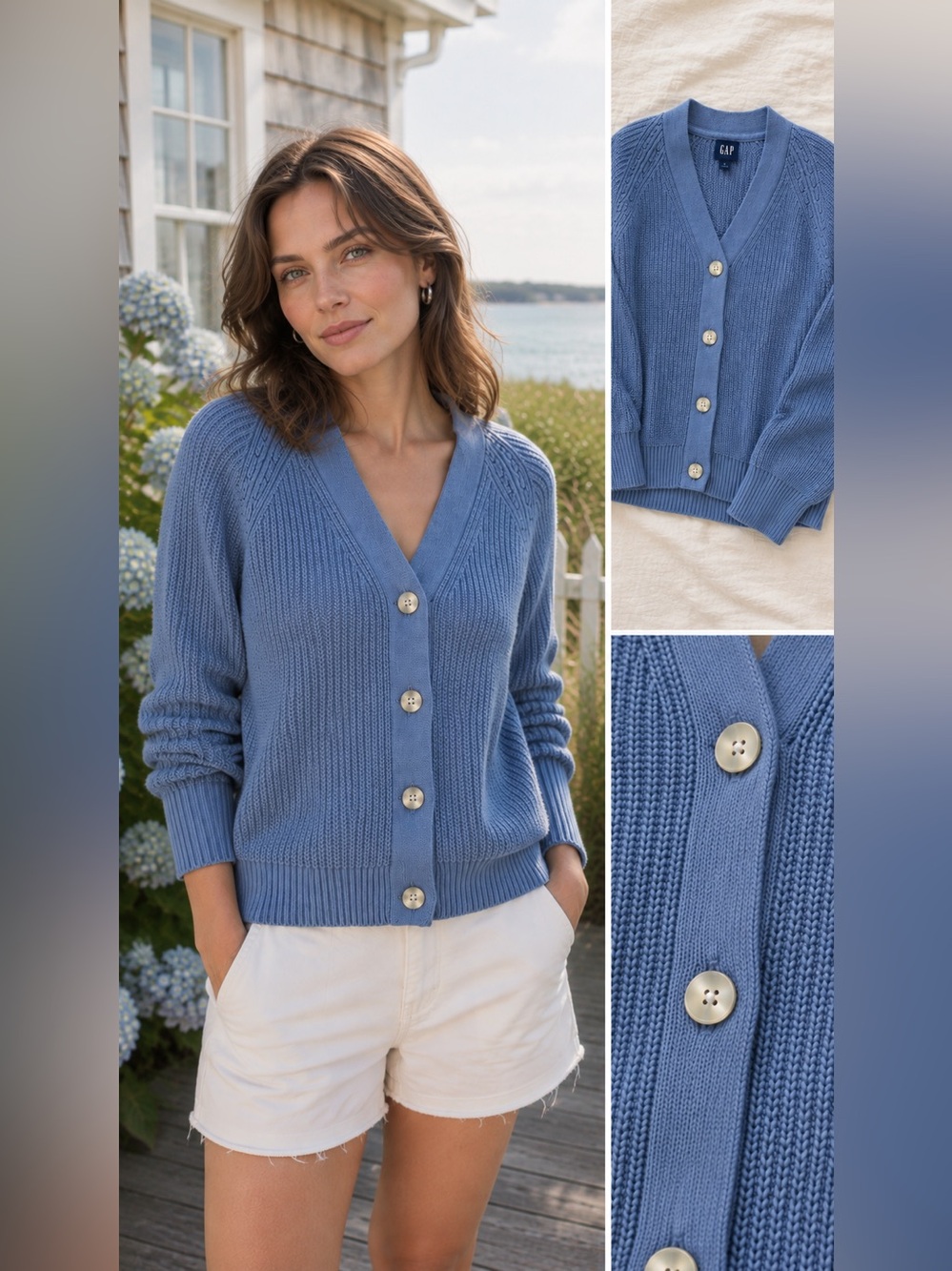Gap Blue 100% Cotton Chunky Knit Cardigan Sweater Small Button Front
